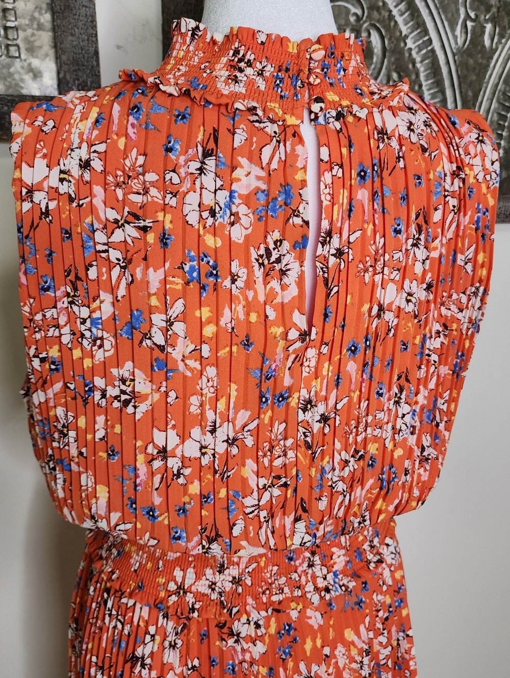 Nanette Lapore Orange Floral Pleated Sleeveless Drop Waist Midi Dress Sz12 Party - Picture 12 of 14